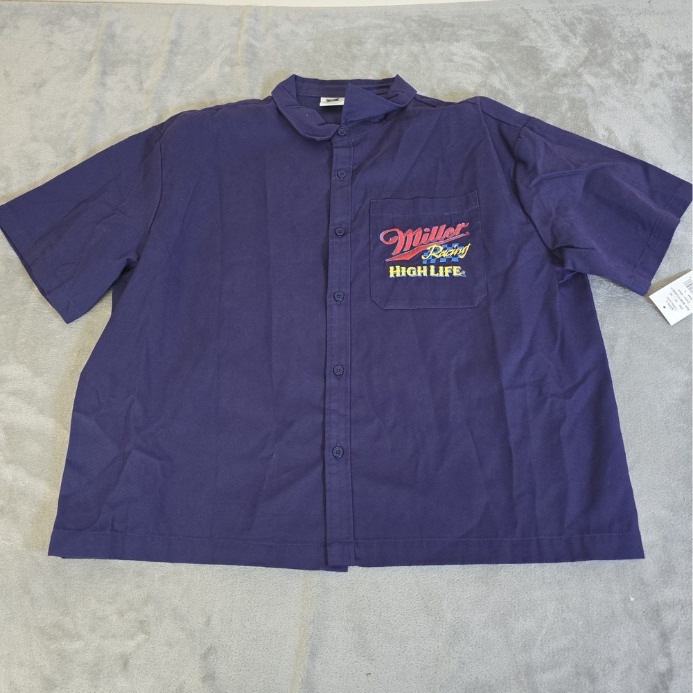 Miller High Life Shirt Mens Large Blue Short Sleeve Button Down Embroidered